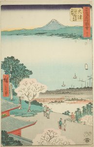 Otsu: Fernsicht auf Otsu und den See von der Kannon-Halle des Mii-Tempels (Otsu, Miidera Kannondo yori Otsu no machi kosui chobo), Nr. 54 aus der Serie "Berühmte Ansichten der dreiundfünfzig Stationen (Gojusan tsugi meisho zue)", auch bekannt als die Verti von Utagawa Hiroshige