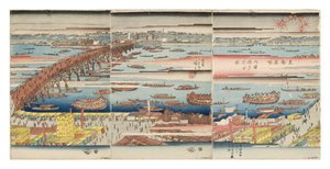Panoramablick auf einen Sommerabend an der Ryogoku-Brücke, ca. 1832-34