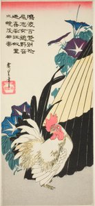 Hahn, Regenschirm und Prunkwinden von Utagawa Hiroshige