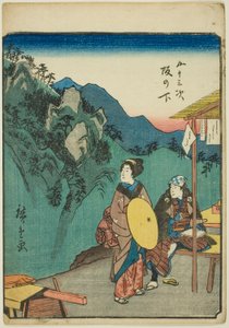 Sakanoshita, aus der Serie "Dreiundfünfzig Stationen [des Tokaido] (Gojusan tsugi)", auch bekannt als die Figuren-Tokaido (Jinbutsu Tokaido)