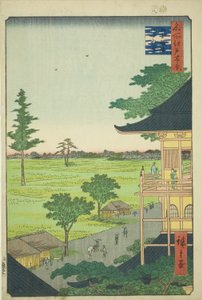 Sazai-Halle des Fünfhundert-Rakan-Tempels (Gohyaku Rakan Sazaido), aus der Serie „Hundert berühmte Ansichten von Edo (Meisho Edo hyakkei)“ von Utagawa Hiroshige