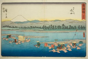 Shimada: Der Oi-Fluss (Shimada, Oigawa)—Nr. 24, aus der Serie "Dreiundfünfzig Stationen des Tokaido (Tokaido gojusan tsugi)," auch bekannt als die Reisho Tokaido