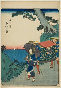 Shirasuka, aus der Serie "Dreiundfünfzig Stationen [des Tokaido] (Gojusan tsugi)," auch bekannt als die Figuren-Tokaido (Jinbutsu Tokaido)