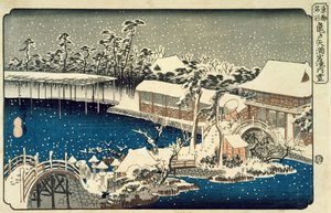 Schnee bei Nacht: eine Szene, die ein Haus, einen Fluss und einen Ziergarten unter fallendem Schnee darstellt, aus der Serie 53 Stationen des Tokaido von Utagawa Hiroshige