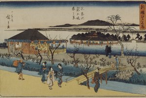 Frühlingsansicht des neuen Damms bei Shinobazu von Utagawa Hiroshige