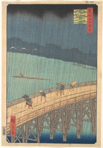 Plötzlicher Regenschauer über der Shin-Ōhashi-Brücke und Atake, aus der Serie Hundert berühmte Ansichten von Edo von Utagawa Hiroshige