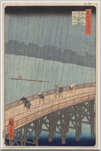 Plötzlicher Regenschauer über der Shin-Ōhashi-Brücke und Atake, aus der Serie Einhundert berühmte Ansichten von Edo