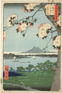 Suijin-Schrein und Massaki am Sumida-Fluss (Sumidagawa Suijin no mori Massaki), aus der Serie "Einhundert berühmte Ansichten von Edo (Meisho Edo hyakkei)" von Utagawa Hiroshige