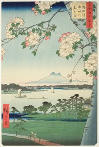 Suijin-Schrein und Massaki am Sumida-Fluss, aus der Serie „Hundert berühmte Ansichten von Edo“ von Utagawa Hiroshige