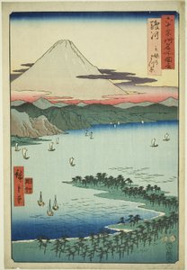 Provinz Suruga: Der Kiefernwald bei Miho (Suruga, Miho no matsubara), aus der Serie "Berühmte Orte in den sechzig Provinzen (Rokujuyoshu meisho zue)" von Utagawa Hiroshige