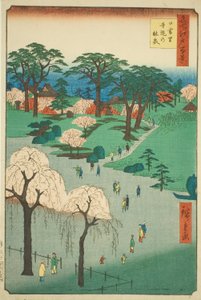 Tempelgärten in Nippori (Nippori jiin no rinsen), aus der Serie "Hundert berühmte Ansichten von Edo (Meisho Edo hyakkei)" von Utagawa Hiroshige