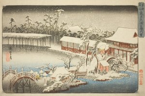 Der Hof des Tenman-Schreins in Kameido im Schnee (Kameido Tenmangu keidai no yuki), aus der Serie "Berühmte Orte in der östlichen Hauptstadt (Toto meisho)" von Utagawa Hiroshige