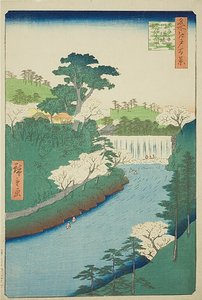 Der Damm am Otonashi-Fluss in Oji, allgemein genannt "Der große Wasserfall", Nr. 19 aus der Serie "Ein Hundert berühmte Ansichten von Edo (Meisho Edo hyakkei)"