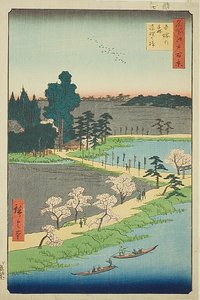 Die verflochtenen Kampferbäume am Azuma-Schrein (Azuma no mori Renri no azusa), Nr.31 aus der Serie "Hundert berühmte Ansichten von Edo (Meisho Edo hyakkei)"