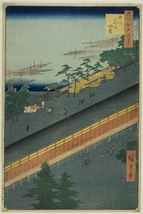 Die Halle der Dreiunddreißig Buchten in Fukagawa (Fukagawa Sanjusangendo), aus der Serie "Hundert berühmte Ansichten von Edo (Meisho Edo hyakkei)" von Utagawa Hiroshige