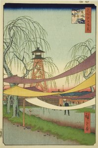 Die Hatsune-Reitplätze in Bakuro-cho (Bakuro-cho Hatsune no Baba), aus der Serie "Hundert berühmte Ansichten von Edo (Meisho Edo hyakkei)" von Utagawa Hiroshige