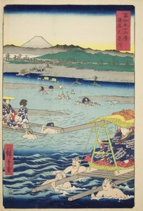 Der Oi-Fluss zwischen den Provinzen Suruga und Totomi, aus der Serie "Sechsunddreißig Ansichten des Berges Fuji"
