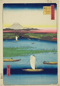Die Trennungstiefe des Dreizackflusses, Nr. 57 aus der Serie „Hundert berühmte Ansichten von Edo“ von Utagawa Hiroshige