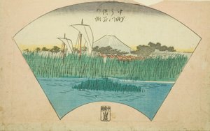 Die Trennungstiefe des dreizackigen Flusses bei Nakasu (Nakasu Mitsumata Wakarenofuchi), Abschnitt eines Blattes aus der Serie "Ausschnitte berühmter Orte in Edo (Edo meisho harimaze zue)" von Utagawa Hiroshige