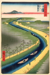 Schleppkähne entlang des Yotsugi-dori-Kanals, Platte 33 aus der Serie Einhundert berühmte Ansichten von Edo, Edo-Periode, Ansei-Ära, 1857