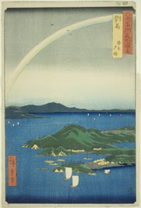 Provinz Tsushima: Klarer Abend an der Küste (Tsushima, Kaigan yubare), aus der Serie "Berühmte Orte in den sechzig Provinzen (Rokujuyoshu meisho zue)" von Utagawa Hiroshige