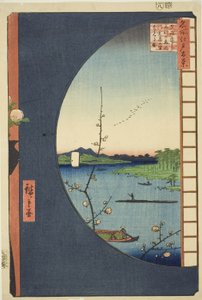 Blick von Massaki auf den Suijin-Schrein, Uchigawa-Inlet und Sekiya (Massaki hen yori Suijin no mori Uchigawa Sekiya no sato o miru zu), aus der Serie "Hundert berühmte Ansichten von Edo (Meisho Edo hyakkei)"