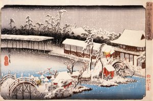Blick auf den Kameido Tenmangū-Schrein im Schnee von Utagawa Hiroshige