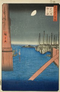 Blick auf die Insel Tsukuda von der Eitai-Brücke (Eitaibashi Tsukudajima), aus der Serie "Einhundert berühmte Ansichten von Edo (Meisho Edo hyakkei)"