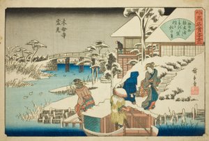 Schneebetrachtung im Uekiya-Restaurant am Mokubo-Tempel (Mokuboji yukimi, Uekiya) aus der Serie "Berühmte Restaurants von Edo (Edo komei kaitei zukushi)" von Utagawa Hiroshige