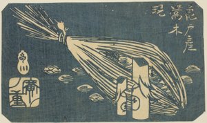 Warbler-Holzschnitzereien und Muscheln von Kameido (Kameido san Uguisu ki shijimi), Abschnitt eines Blattes aus der Serie "Ausschnitte berühmter Orte in Edo (Harimaze Koto meisho)" von Utagawa Hiroshige