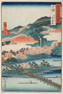 Yamashiro Provinz: Die Togetsu-Brücke in Arashiyama, aus der Serie "Berühmte Orte in den Sechzig-odd Provinzen"