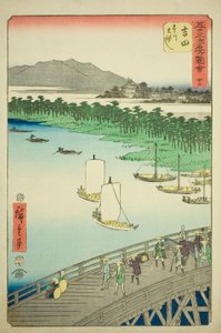 Yoshida: Große Brücke über den Toyo-Fluss (Yoshida, Toyokawa ohashi), Nr. 35 aus der Serie "Berühmte Ansichten der dreiundfünfzig Stationen (Gojusan tsugi meisho zue)", auch bekannt als der vertikale Tokaido