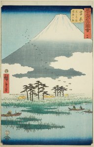 Yoshiwara: Fuji-Sumpf und Ukishima-Ebene (Yoshiwara, Fuji no numa ukishima ga hara), Nr. 15 aus der Serie "Berühmte Ansichten der dreiundfünfzig Stationen (Gojusan tsugi meisho zue)", auch bekannt als der Vertikale Tokaido
