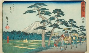 Yoshiwara: Die berühmte Ansicht des Berges Fuji auf der linken Seite (Yoshiwara, meisho hidari Fuji)—Nr. 15, aus der Serie "Dreiundfünfzig Stationen des Tokaido (Tokaido gojusan tsugi)", auch bekannt als das Reisho Tokaido