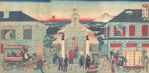 Illustration von ausländischen Residenzen und der katholischen Kirche in Yokohama, 10. Monat, 1870