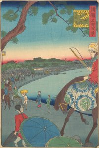 Ausländer reiten entlang der Küste bei Takanawa in der östlichen Hauptstadt, 9. Monat, 1861 von Utagawa Hiroshige II