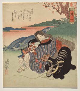 Eine Frau und ein Junge ruhen sich an einem Ochsen aus von Utagawa Kunimaru