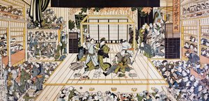 Kabuki-Theateraufführung in Edo, Ukiyo-e-Kunstdruck von Utagawa Kunimaru (1794-1829), Holzschnitt, japanische Zivilisation, Edo-Periode von Utagawa Kunimaru
