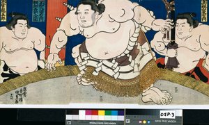 Illustration des Dohyo-Iri des Großmeisters Shiranui Dakuemon, veröffentlicht von Yamaguchiya Tobie von Utagawa Kunisada