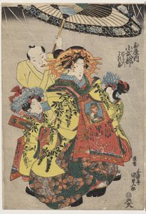 Die Kurtisanen Hanamurasaki und Koshikibu von Tamaya, promenierend im Regen