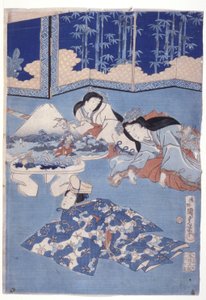 Frühling begrüßen mit einer Blumenversammlung (Hana Soroi Haru no Taimen) von Utagawa Kunisada II