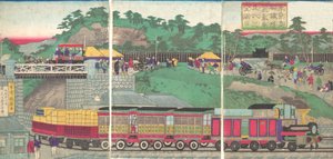 Illustration einer Dampflokomotive auf der Takanawa-Eisenbahn in Tokio