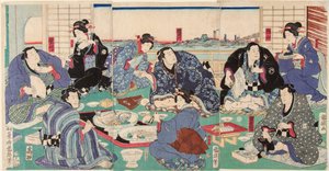 Der Sumo-Ringer Sakaigawa Namiemon (links) mit anderen Ringern und Geishas bei einem Festmahl. Druck von Kuniteru, Utagawa (1808-1876) von Utagawa Kuniteru