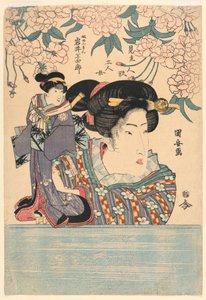 Pentaptychon: Fünf Mädchen mit Theaterpuppen von Utagawa Kuniyasu