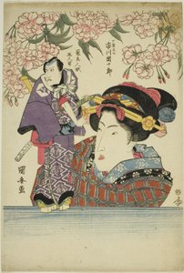 Frau hält Puppe des Schauspielers Ichikawa Danjuro VII als Karigane Bunshichi von Utagawa Kuniyasu