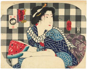 Eine Frau, die ein Stück Wassermelone hält, aus der Serie Berühmte Sake-Marken (Meishu zoroi)