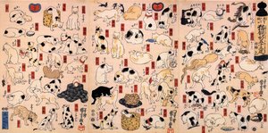 Katzen. Aus der Serie Dreiundfünfzig Stationen des Tokaido-Triptychons, ca. 1848