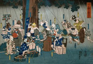 Komische Tiere suchen Schutz vor Regen (Dōke kemono no amayadori), ca. 1842 von Utagawa Kuniyoshi