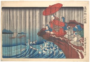 Kurze illustrierte Biografie des Mönchs Nichiren: Das Gebet um Regen wird in Ryōzengasaki in Kamakura erhört von Utagawa Kuniyoshi
