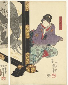 Drei Schauspieler bei einem Paravent von Utagawa Kuniyoshi